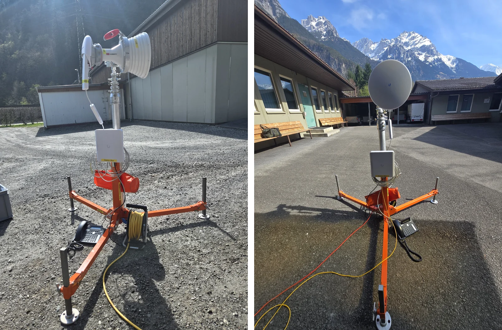 Richtstrahl-Stationen im Freien auf orangen Dreibein-Stativen mit Antennenmast, Anschlussbox und SIP-Tischtelefon: links die Hauptstation mit Richtantenne, rechts die Aussenstation mit Empfangsantenne